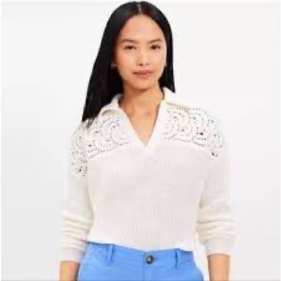 LOFT Cream V-Neck Sweater with Lace Accents - Picture 2 of 5